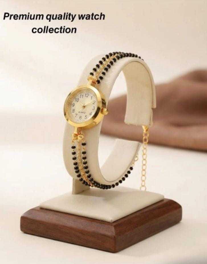 Gold-Tone Watch with Black Beaded Mangalsutra Strap