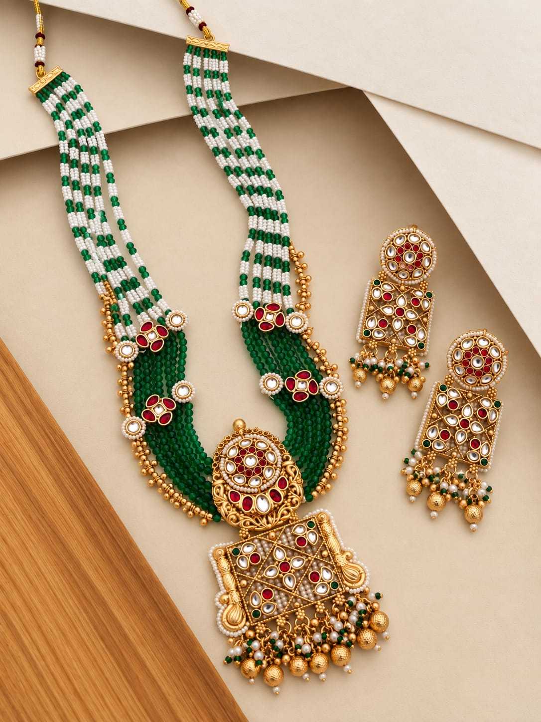 Green Bead Layered Long Set with Kundan Rectangle Pendant