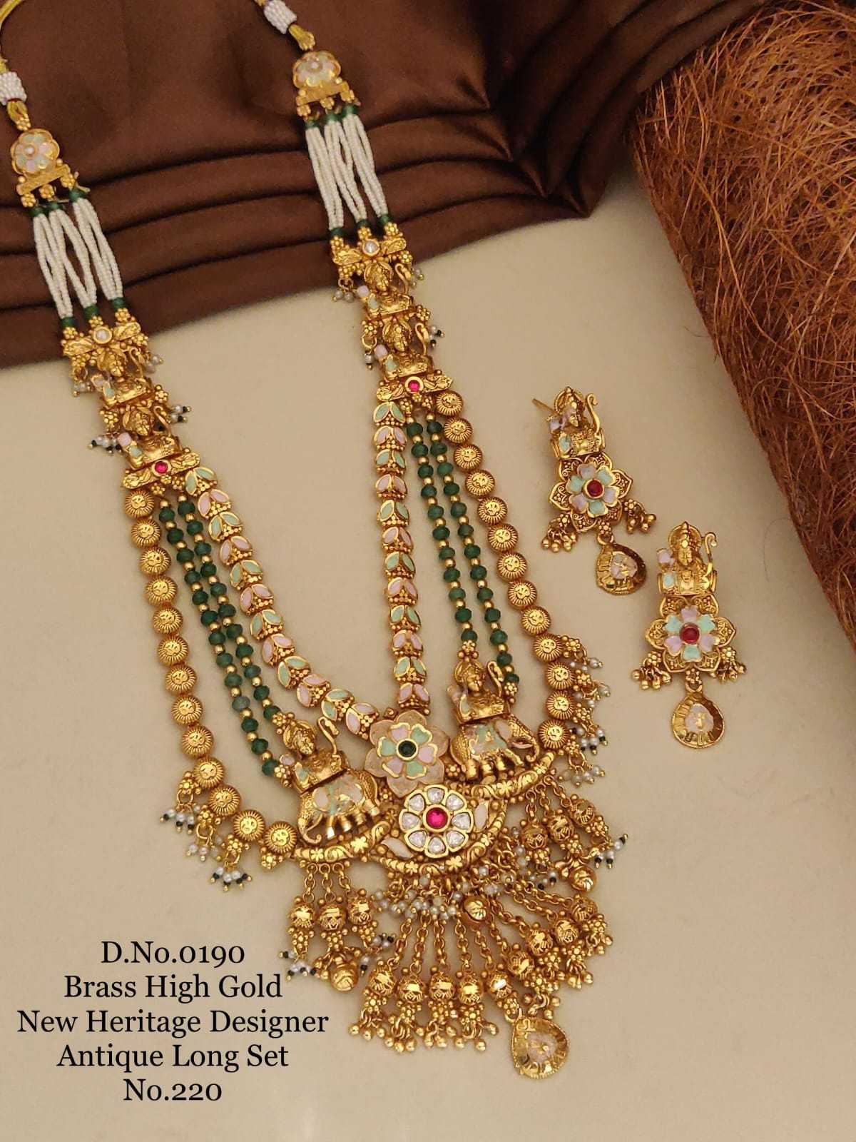 Green Bead Strand Antique Long Set with White Enamel Florals