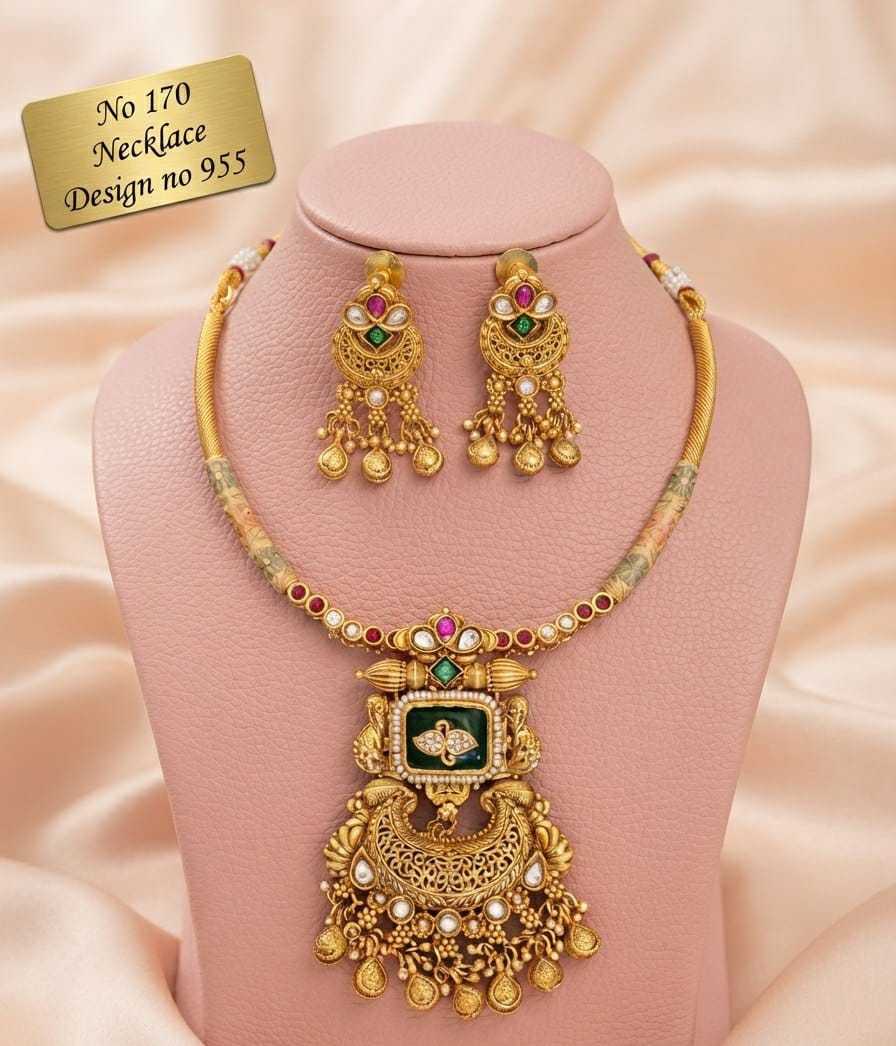 Green Enamel and Filigree Crescent Hasli Necklace Set