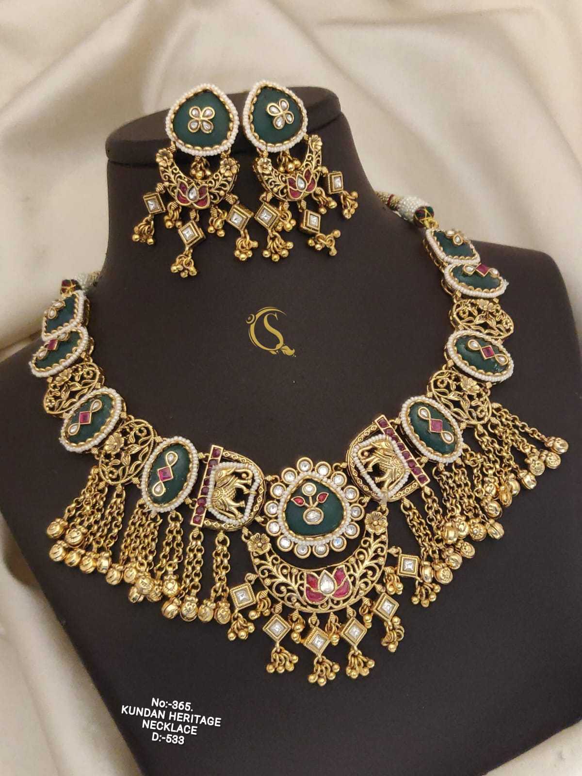 Green Enamel Elephant Kundan Choker with Diamond-Shape Pink Stones