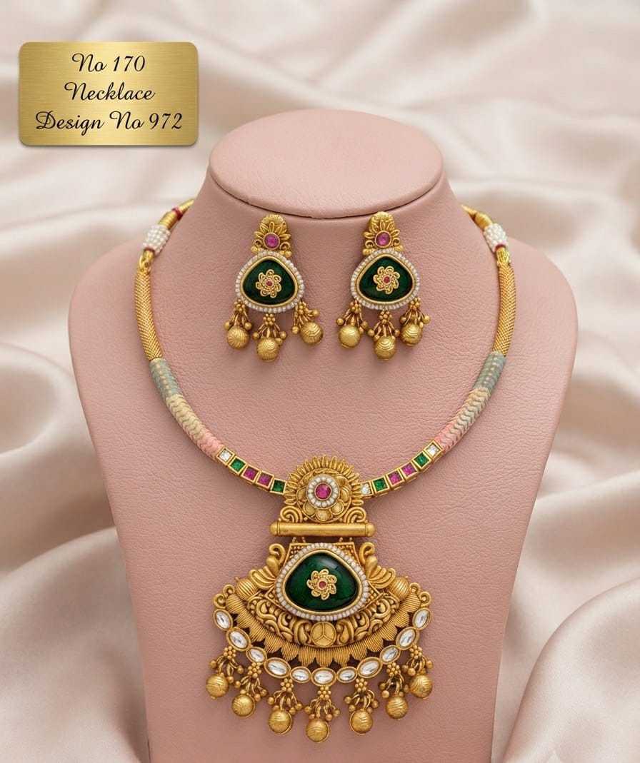Green Enamel Gold Flower Hasli Necklace Set with Kundan Fringe