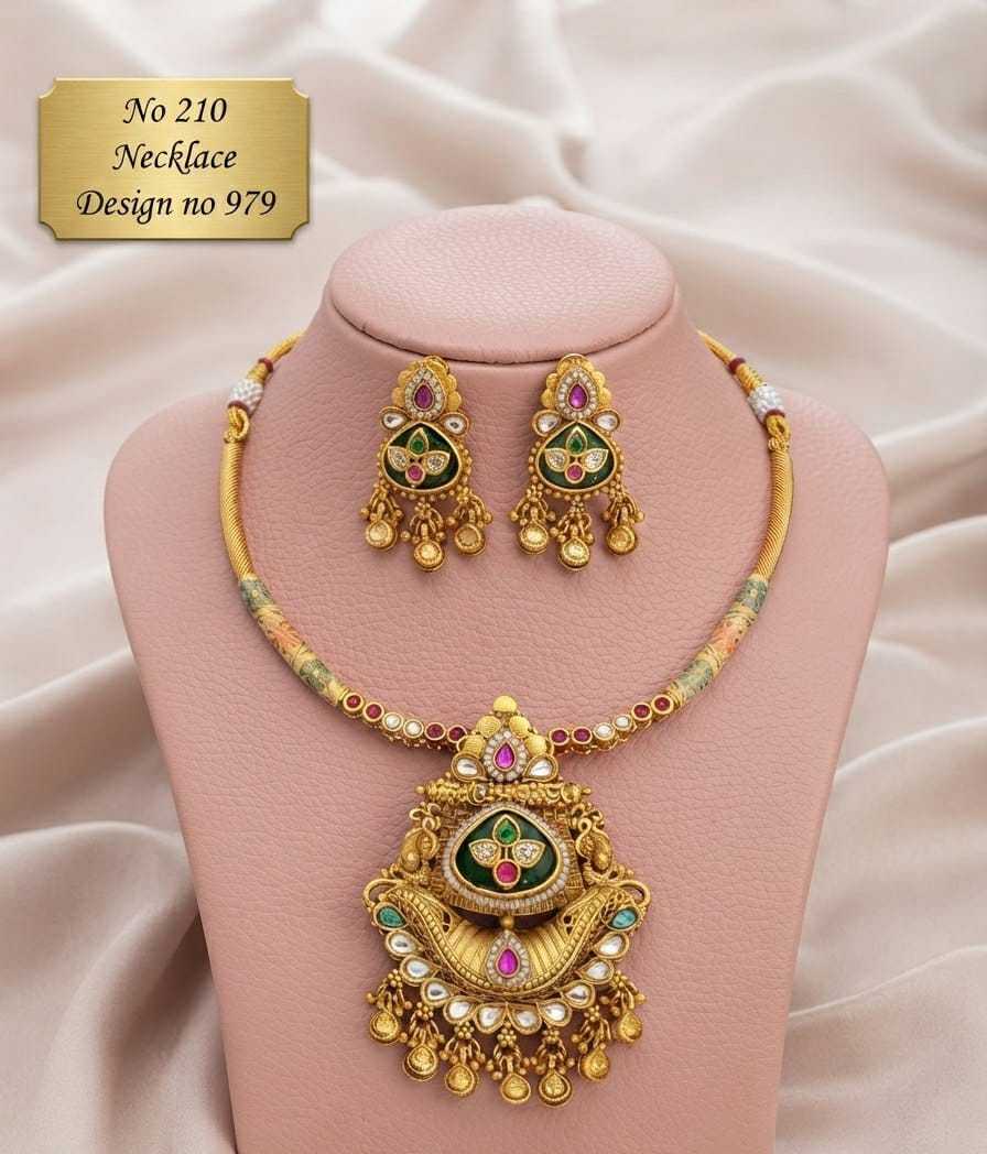Green Enamel Kundan Crescent Hasli Necklace Set
