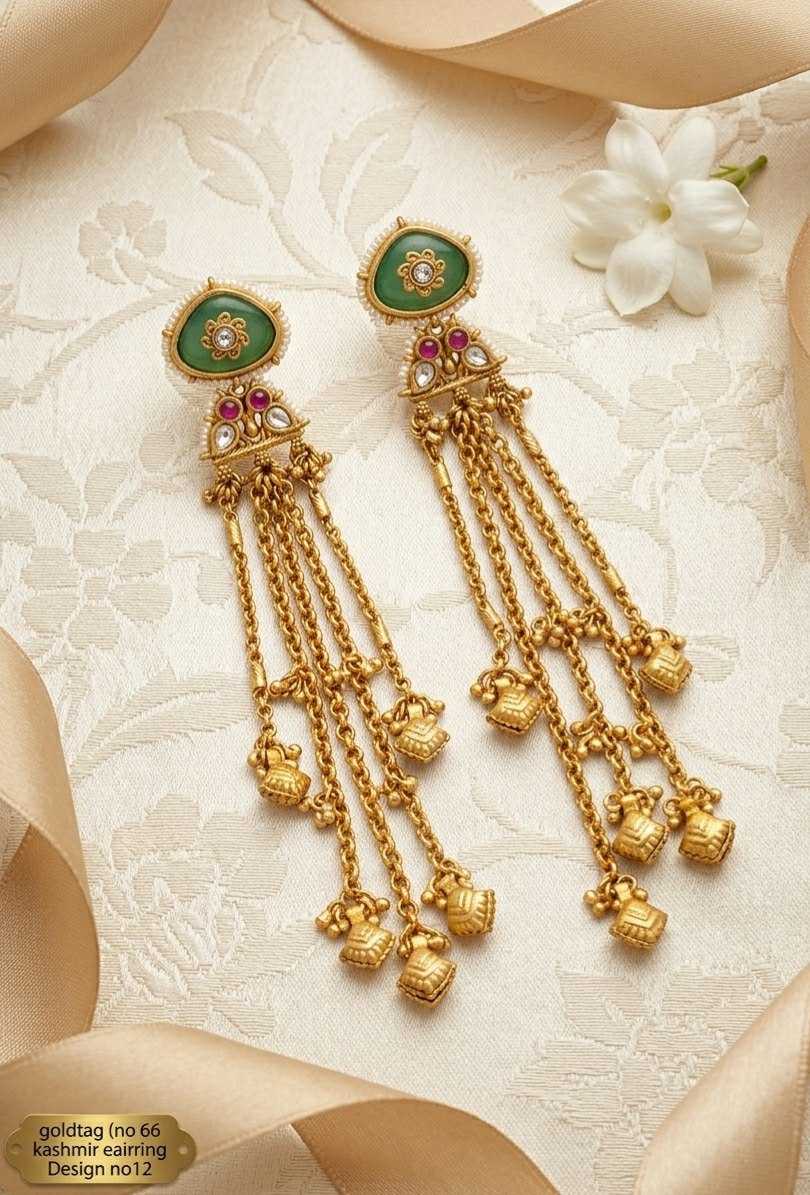 Green Enamel Kundan Kashmiri Earrings with Ghungroo Tassels
