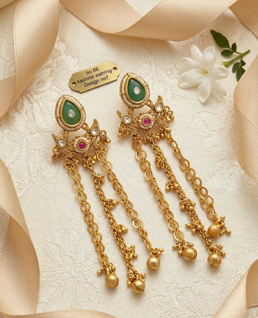 Green Enamel Kundan Kashmiri Earrings with Ghungroo Tassels