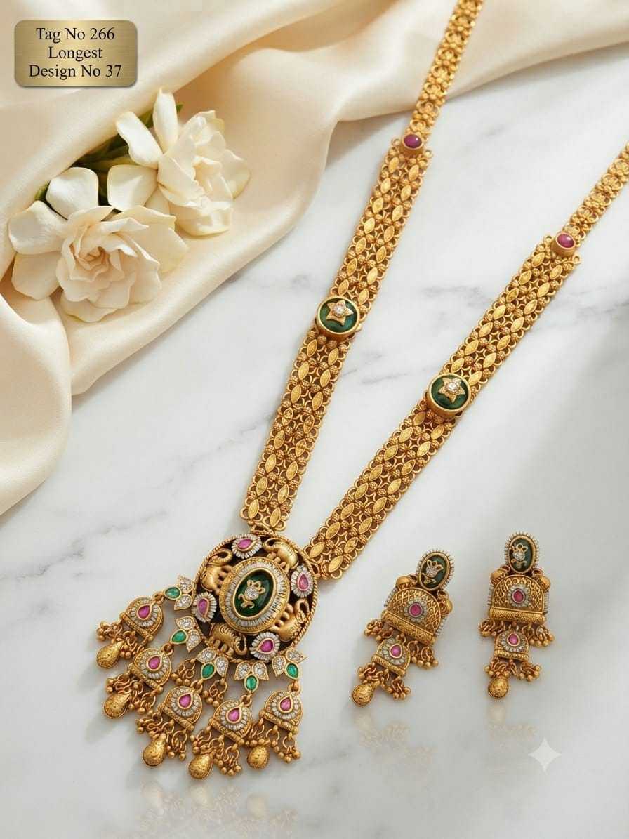 Green Enamel Medallion Long Necklace Set with Cluster Drops