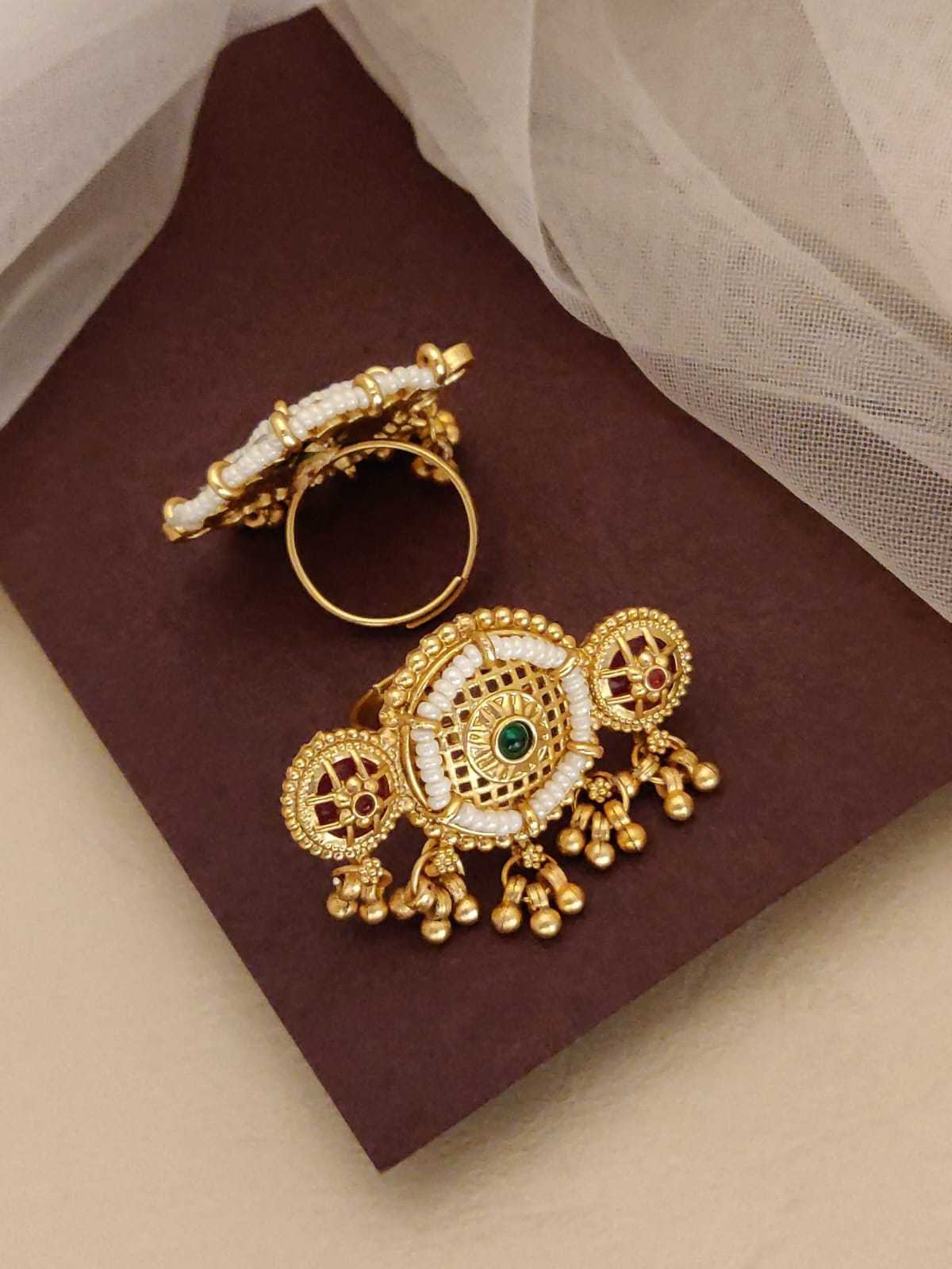 Green Stone Statement Ring with Ghunghru Drops