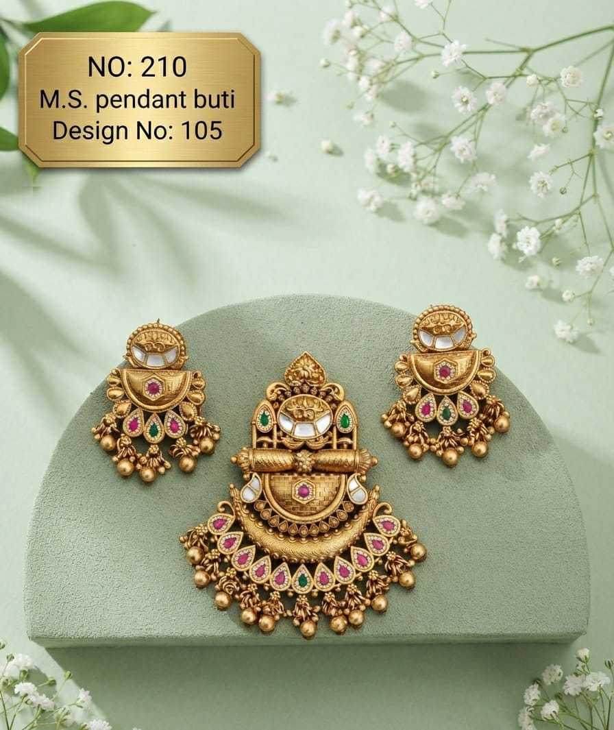 Half-Moon Mirror Work Pendant and Earrings Set with Ruby Drops