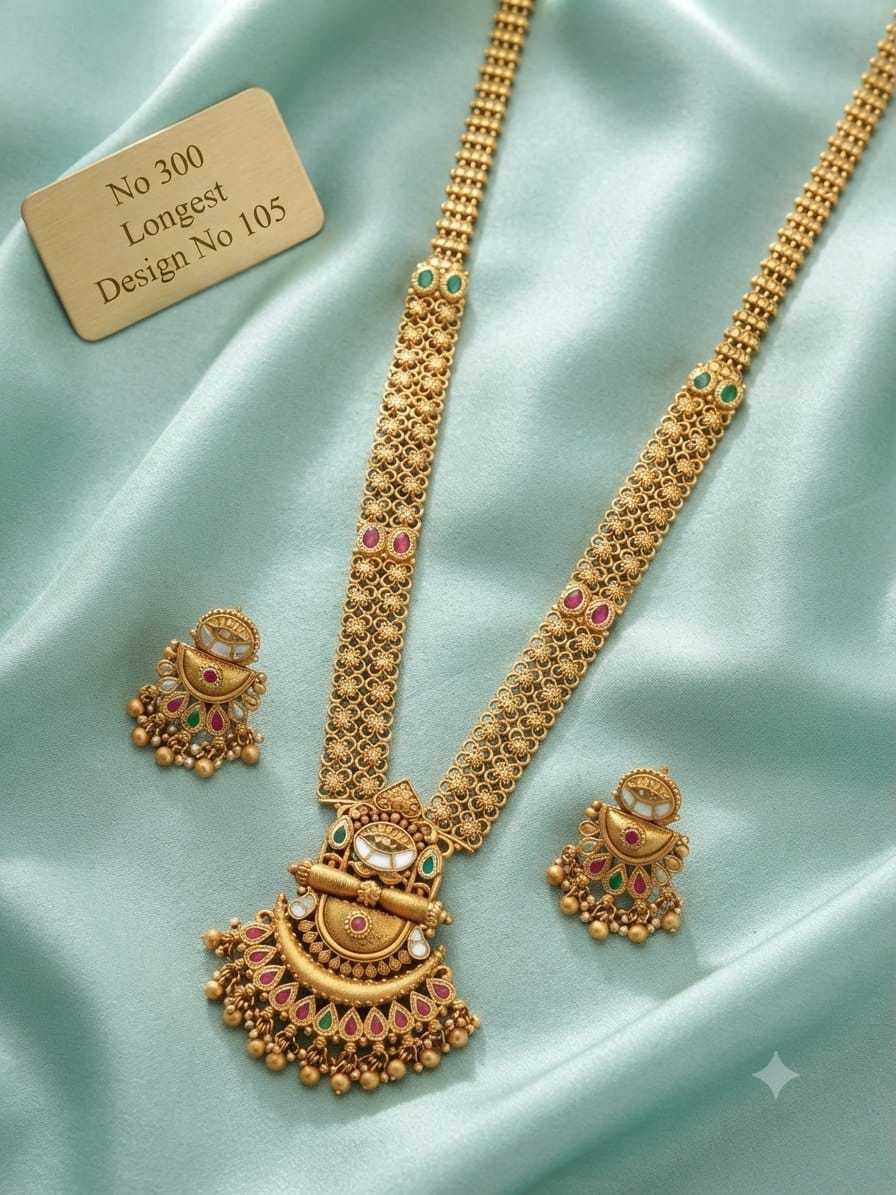 Half-Moon Pendant Jaali Long Necklace Set with Kundan Bar
