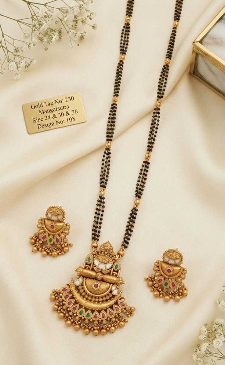 Half-Moon Pendant Long Mangalsutra Set with Ruby-Green Teardrops