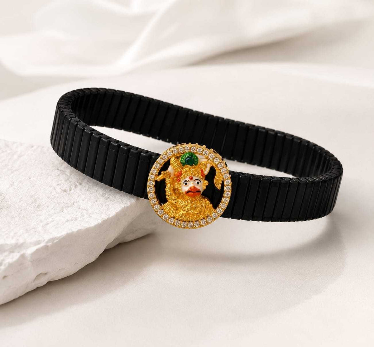 Lord Hanuman medallion bracelet on a black stretch band
