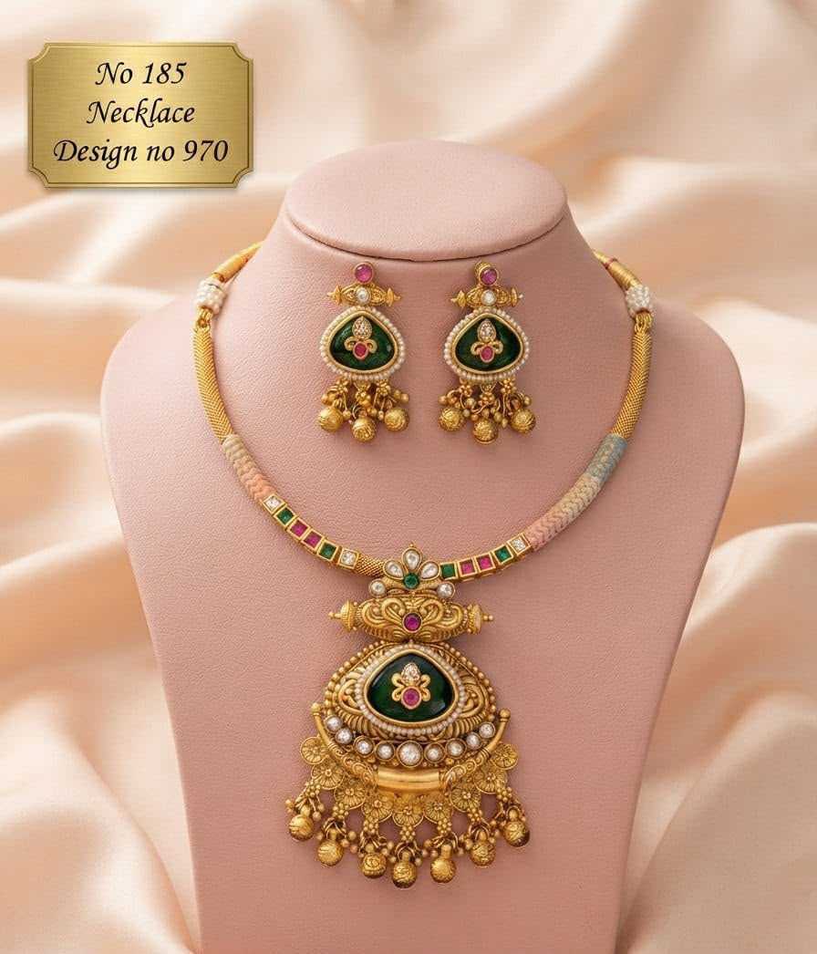 Hasli Necklace Set with Green Enamel Eye Pendant and Pearl Row