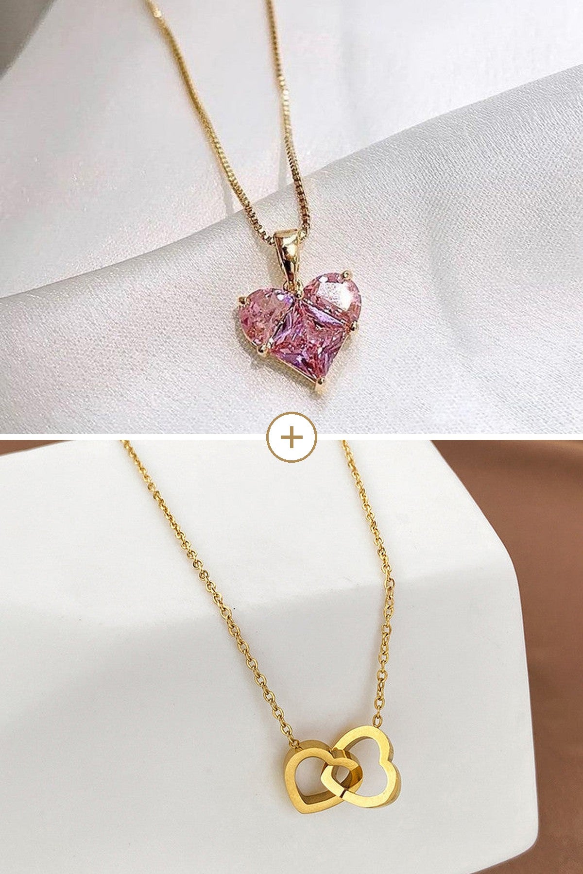 Heart Duo Combo: Pink CZ Heart & Interlocked Hearts Pendants