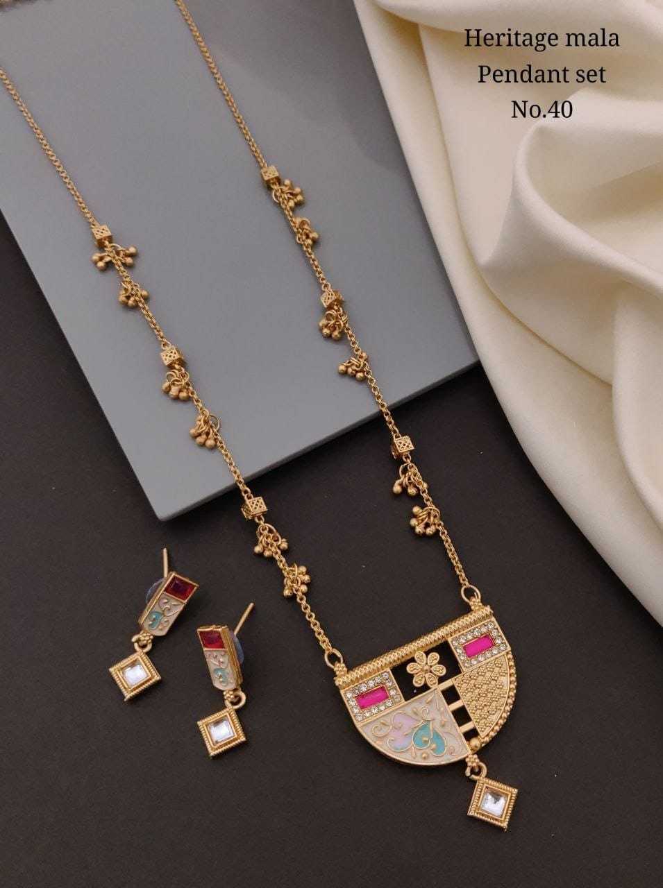 Heritage Bead Chain Mala Pendant Set with Enamel & Kundan Drop