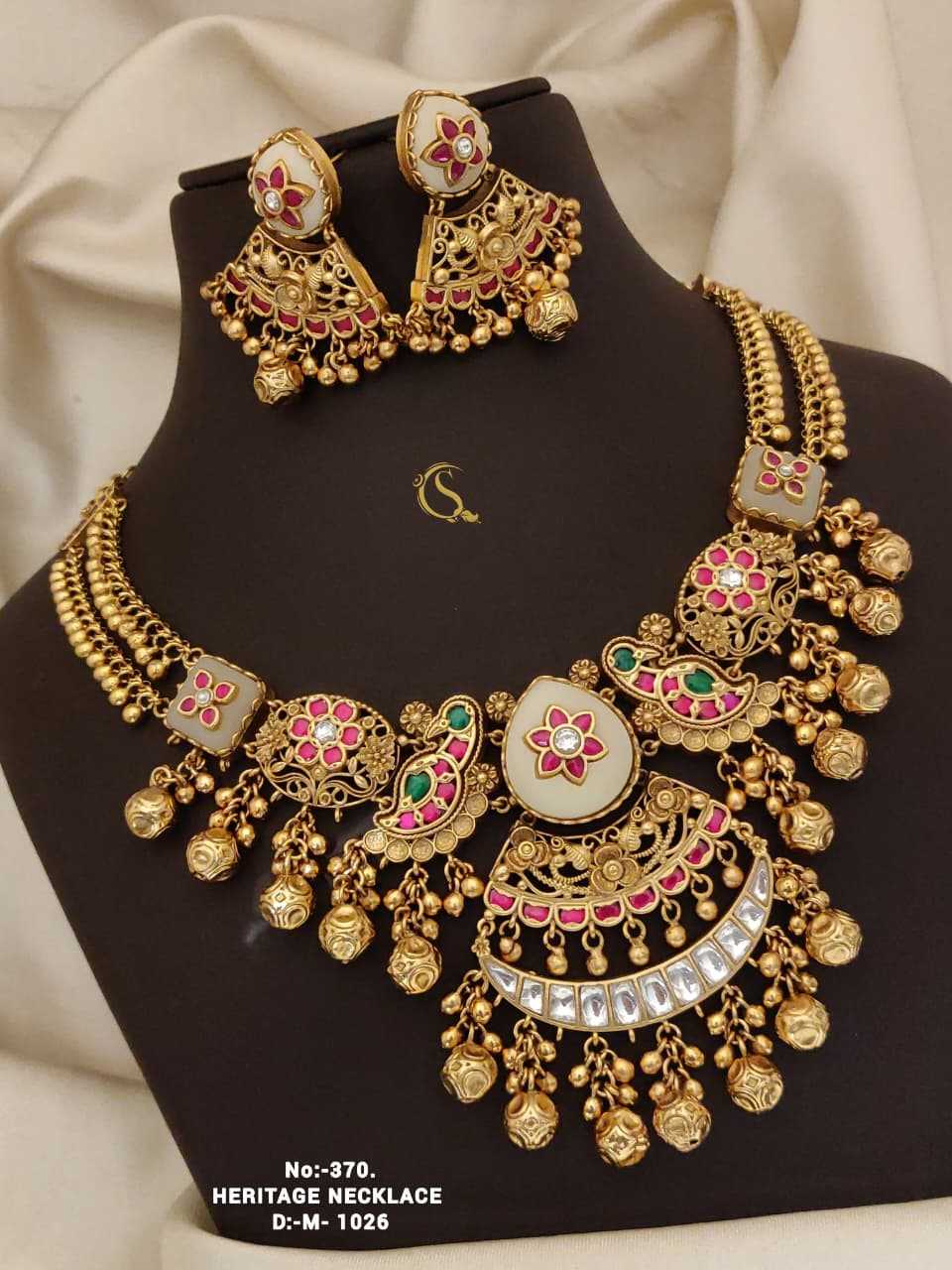 Heritage Gold Bead Necklace Set with Pink Kundan and Crescent Drop