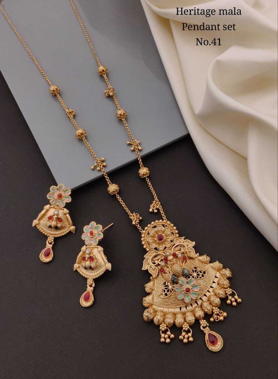Heritage Mala Pendant Set with Mint Enamel and Red Stone Drops
