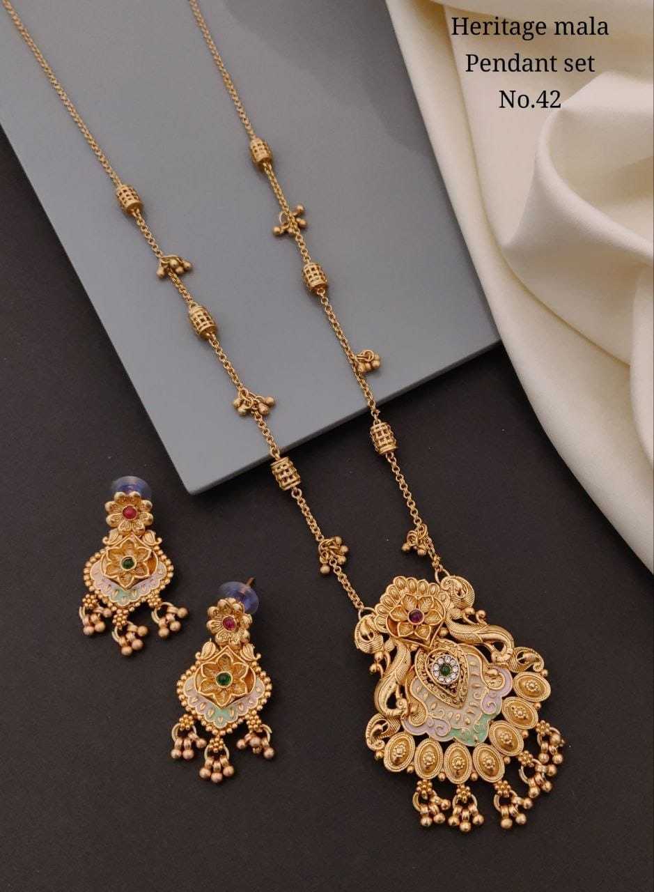 Heritage Mala Pendant Set with Swirl Motif and Blue Stone Earrings