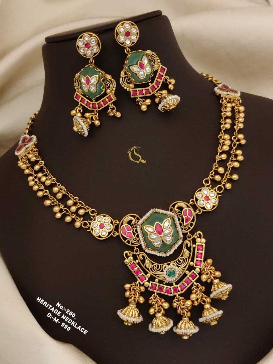 Heritage Necklace Set with Green Hexagon Stone and Pink Kundan