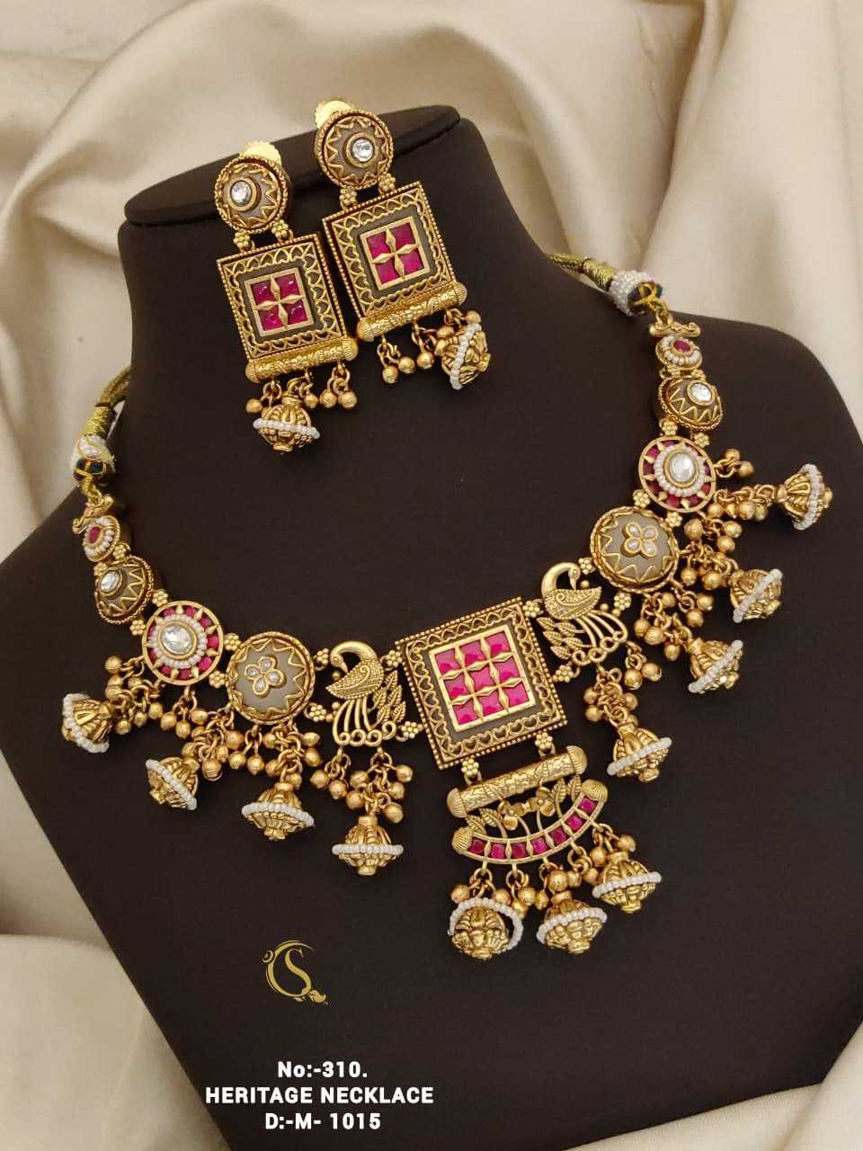 Heritage Peacock Choker Set with Pink Kundan Square Pendant