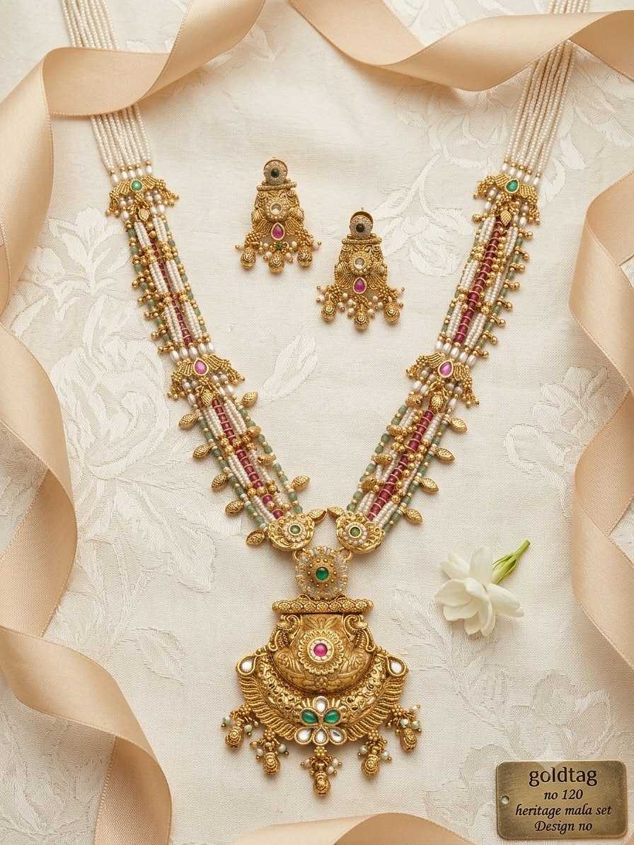 Heritage Pearl Mala Set with Ruby-Set Antique Pendant