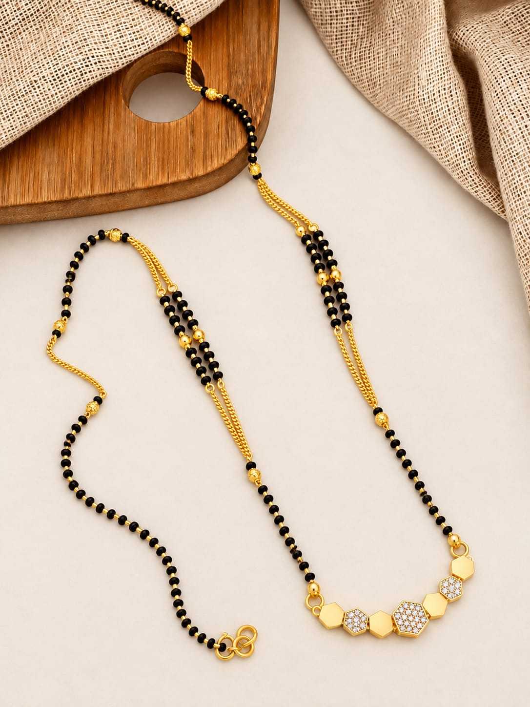 Hexagon Link CZ Mangalsutra with Double Black Bead Line