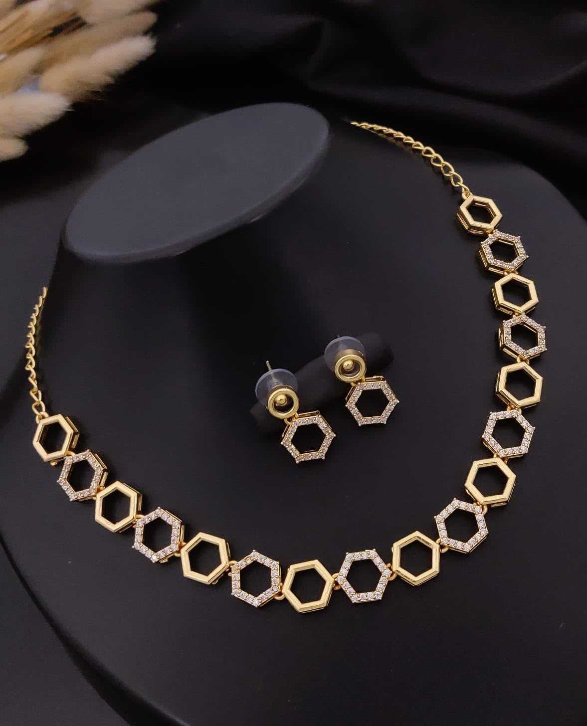 Hexagonal Link Necklace with American Diamonds