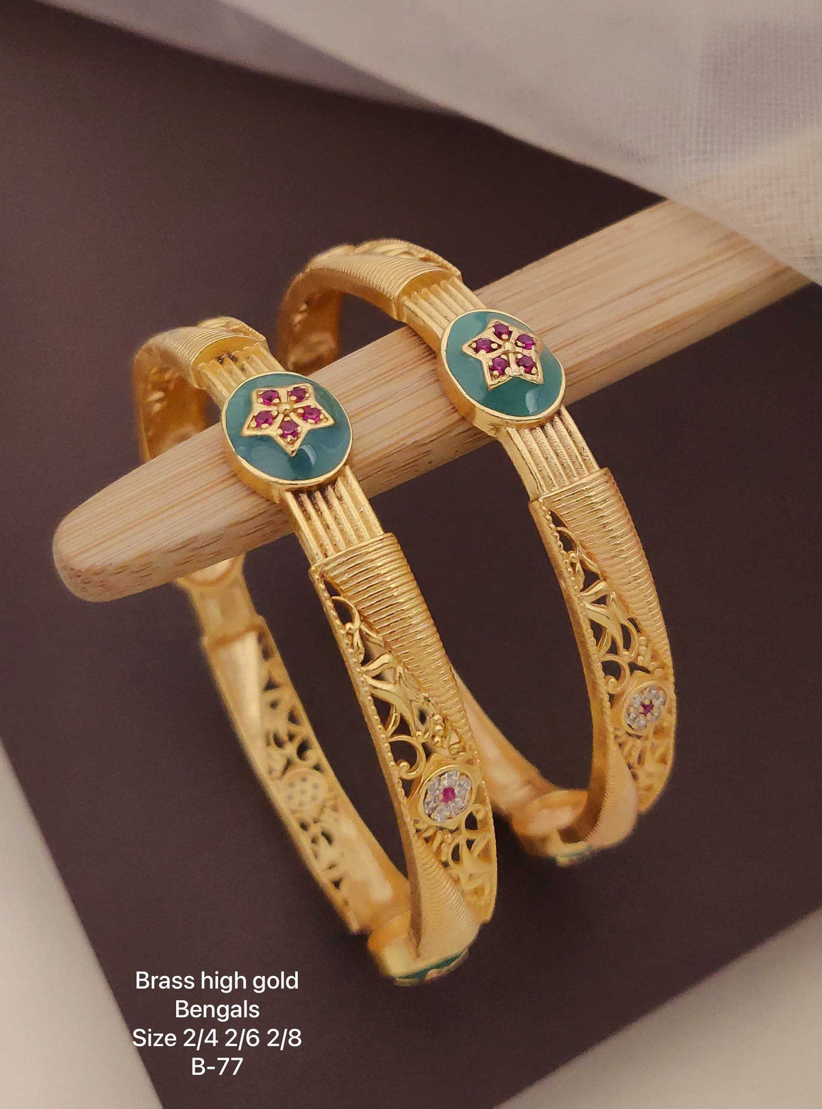 High Gold Bangles with Teal Enamel Medallions