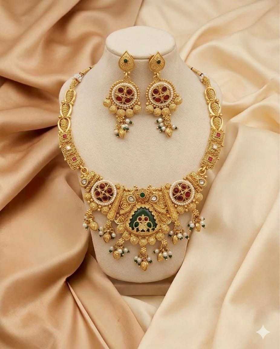 High Gold Heritage Necklace Set with Kundan, Ruby and Green Stones