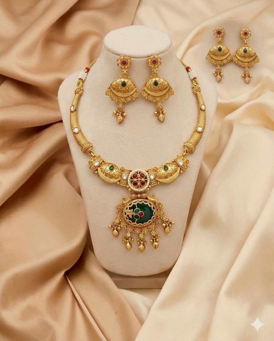 High Gold Heritage Necklace Set with Kundan, Ruby and Green Stones