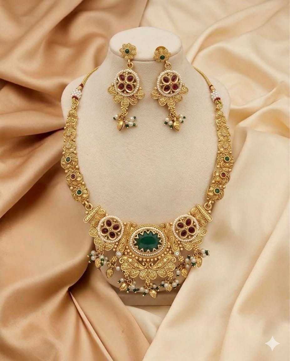 High Gold Heritage Necklace Set with Kundan, Ruby and Green Stones