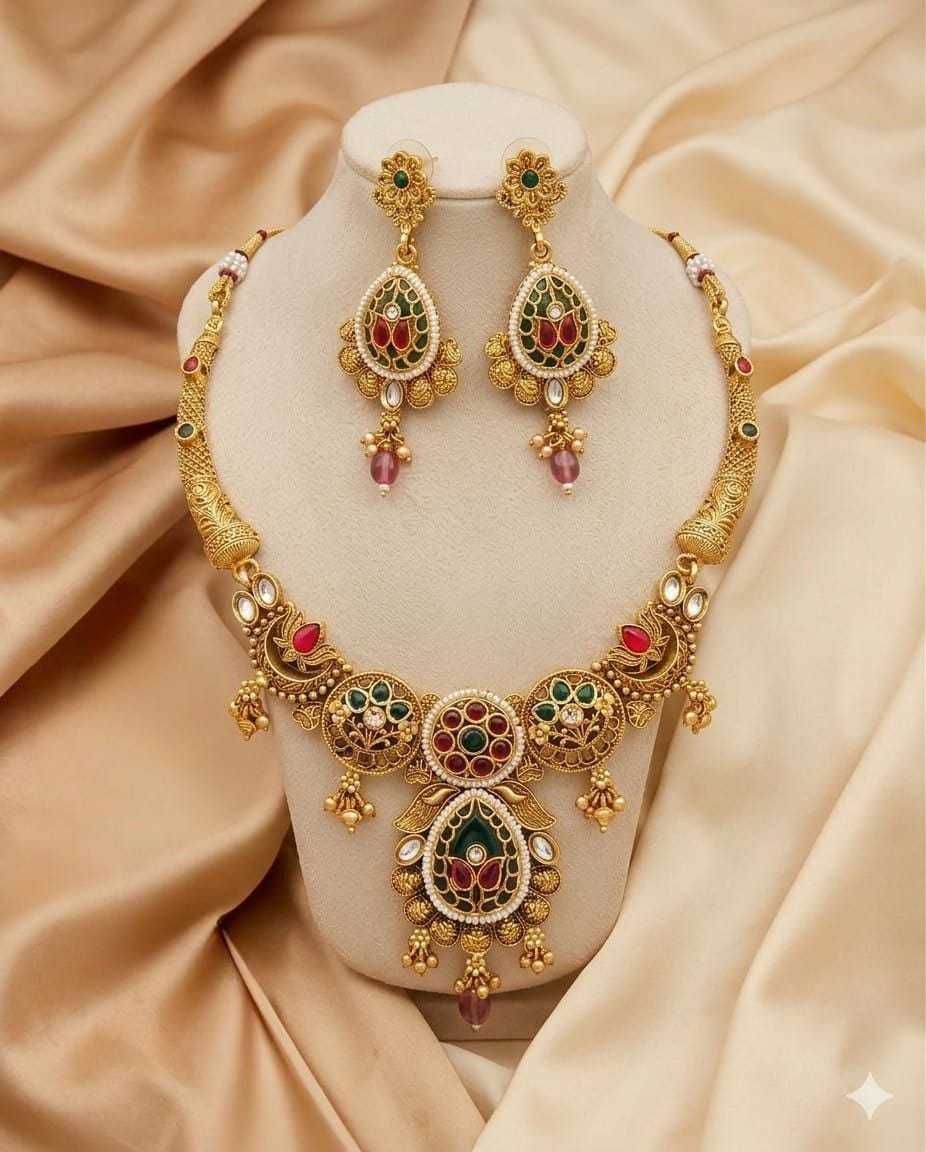 High Gold Heritage Necklace Set with Kundan, Ruby and Green Stones