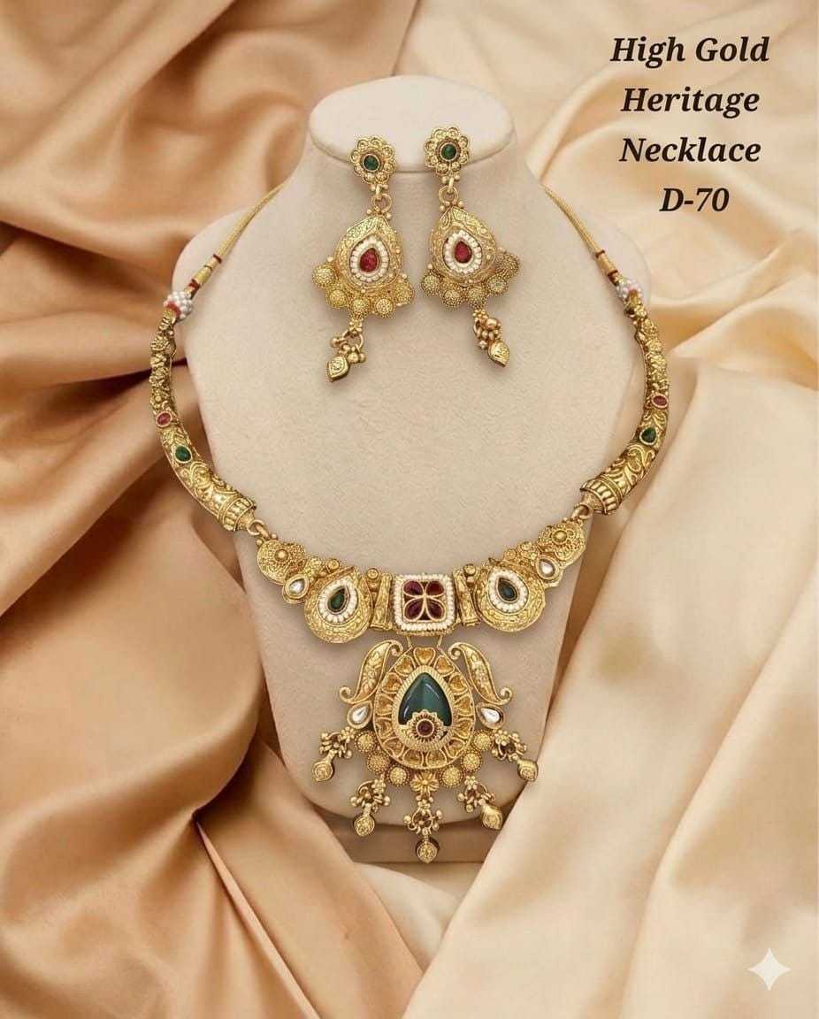 High Gold Heritage Necklace Set with Kundan, Ruby and Green Stones