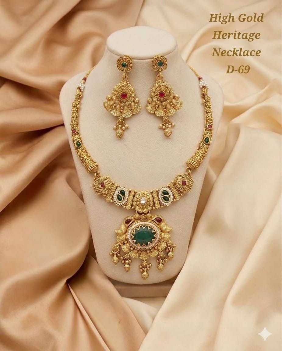 High Gold Heritage Necklace Set with Kundan, Ruby and Green Stones