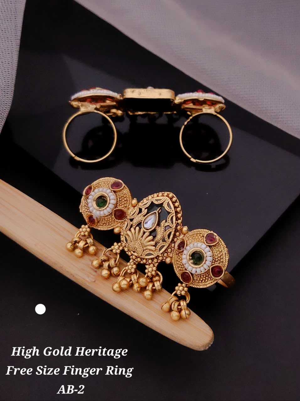 High Gold Heritage Two-Finger Ring with Ghungroo Drops