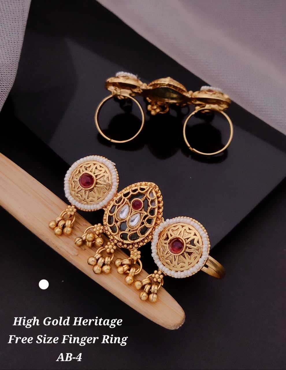 High Gold Heritage Two-Finger Ring with Ghungroo Drops