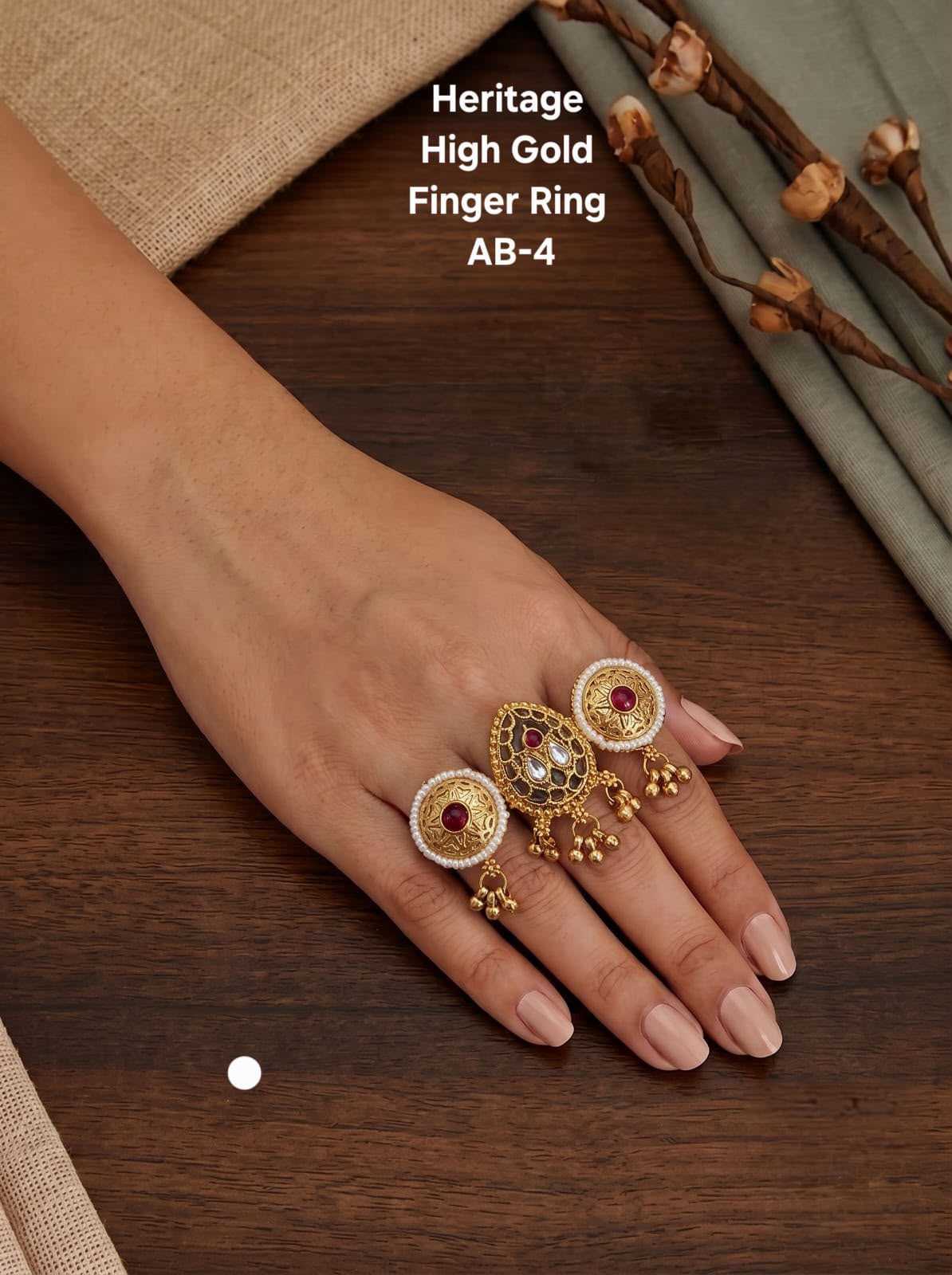 High Gold Heritage Two-Finger Ring with Ghungroo Drops