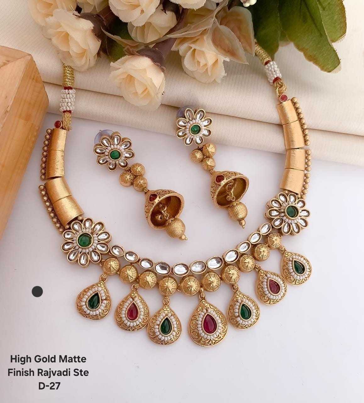 High Gold Matte Necklace Set with Kundan Drops