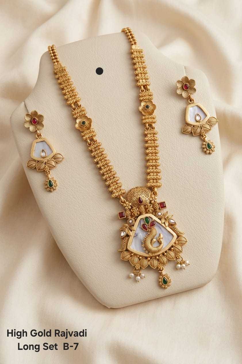 High Gold Rajvadi Long Set with Peacock Pendant