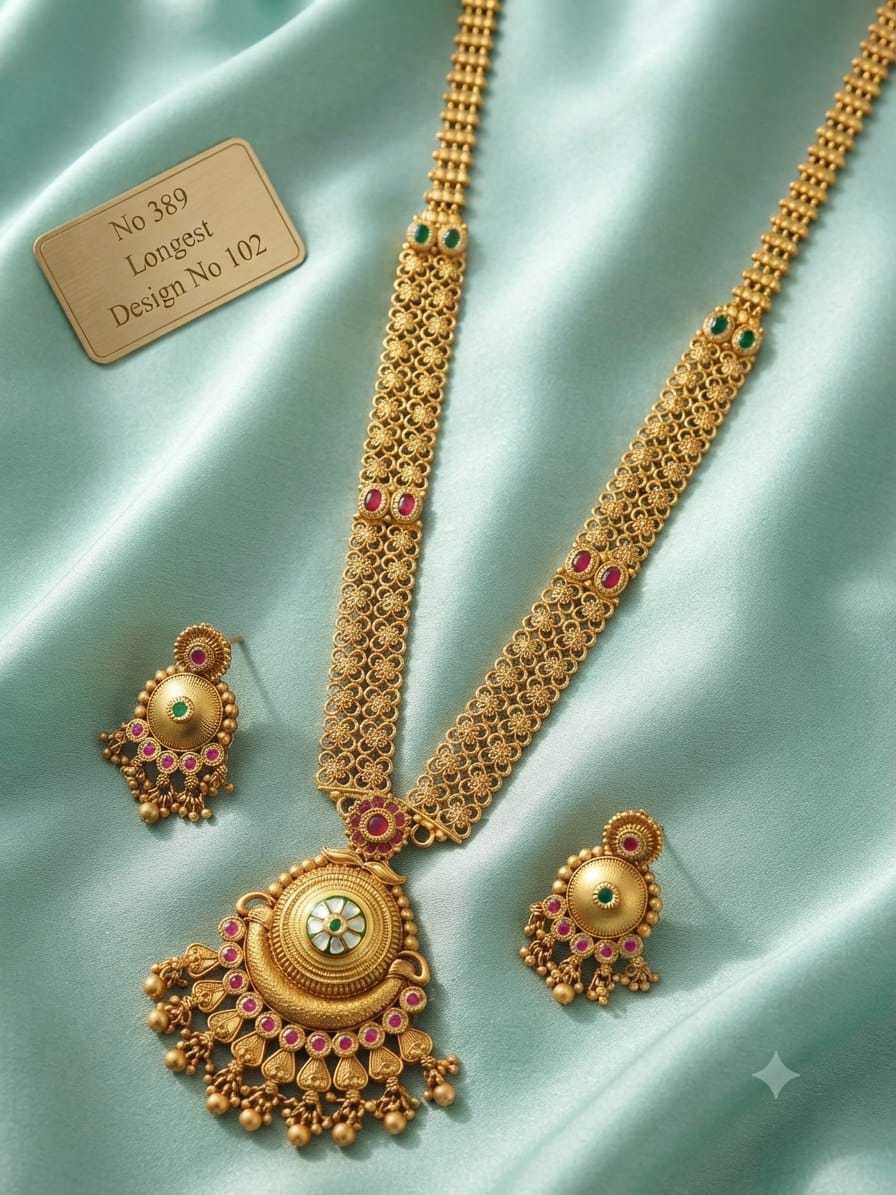 Jaali Band Long Necklace Set with Domed Pendant and Ruby Hearts