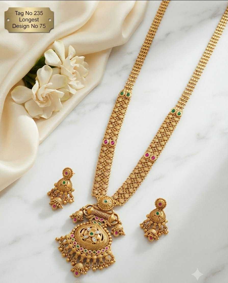 Jaali Window Pendant Long Temple Necklace Set with Ruby Accents