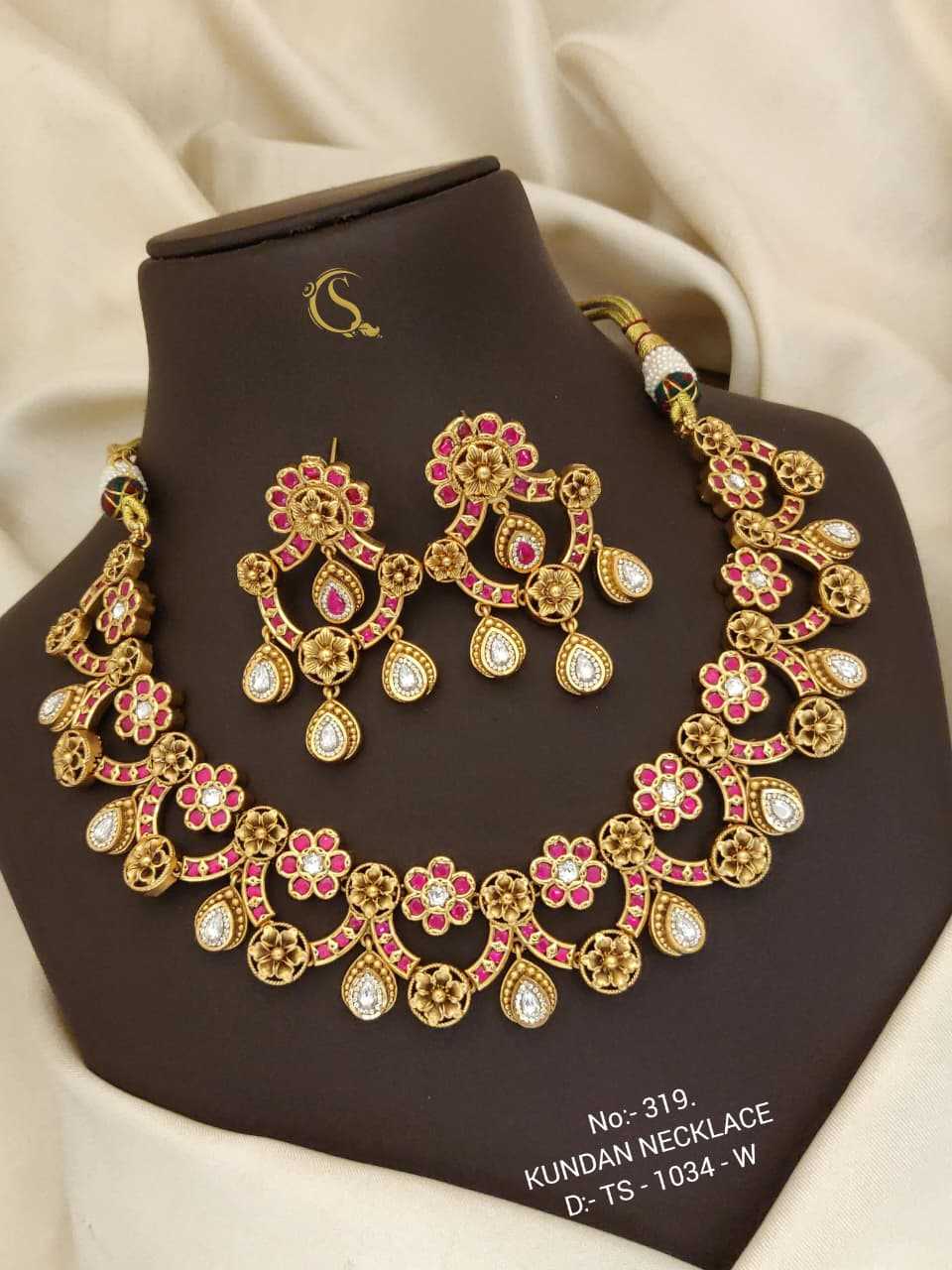 Jadau Kundan Flower Necklace Set with Pink Stones and Drops