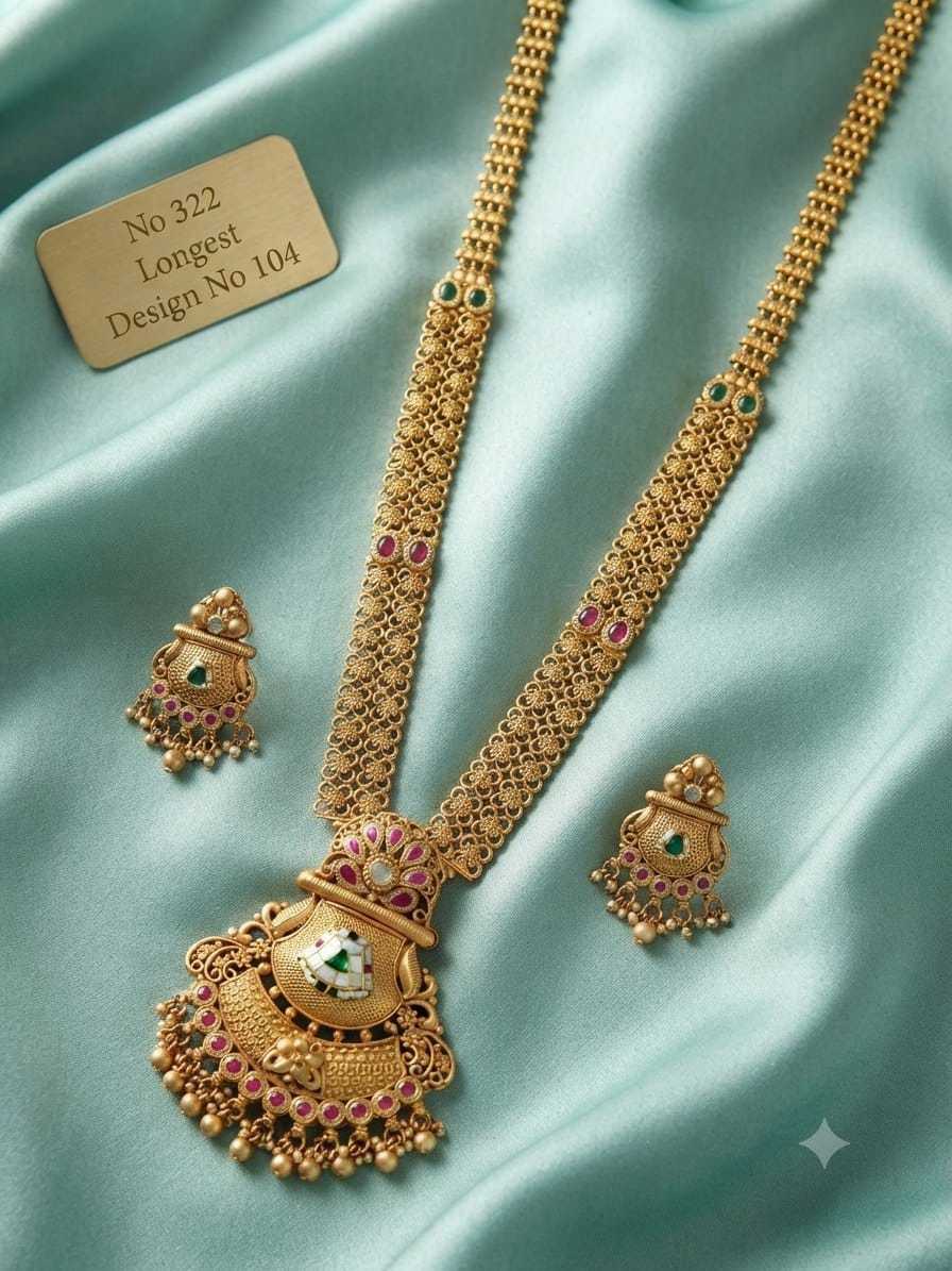 Kalash Pendant Jaali Long Necklace Set with Ruby Crown
