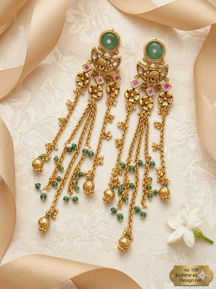Kashmiri Earrings with Elephant Crescent and Green Bead Chains