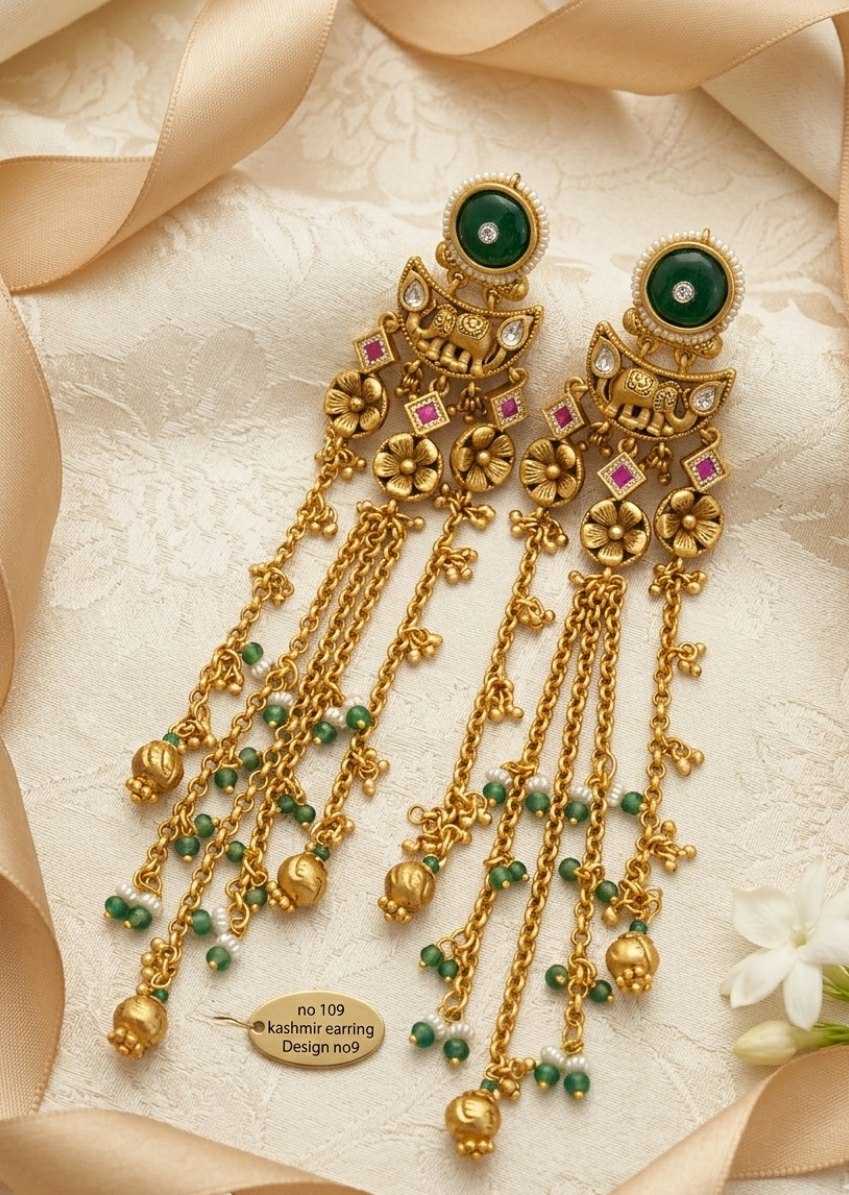 Kashmiri Earrings with Elephant Crescent and Green Bead Chains