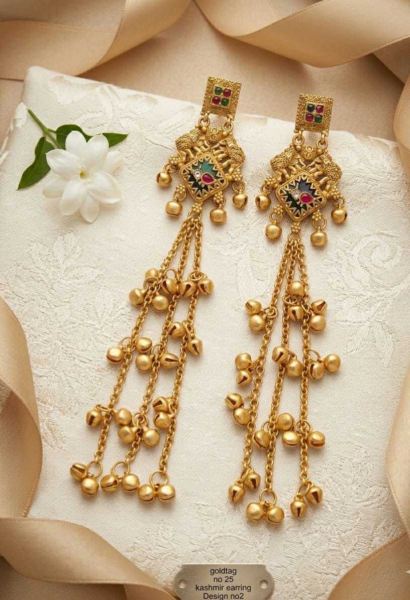 Kashmiri Long Chain Earrings with Ghungroo Bell Clusters