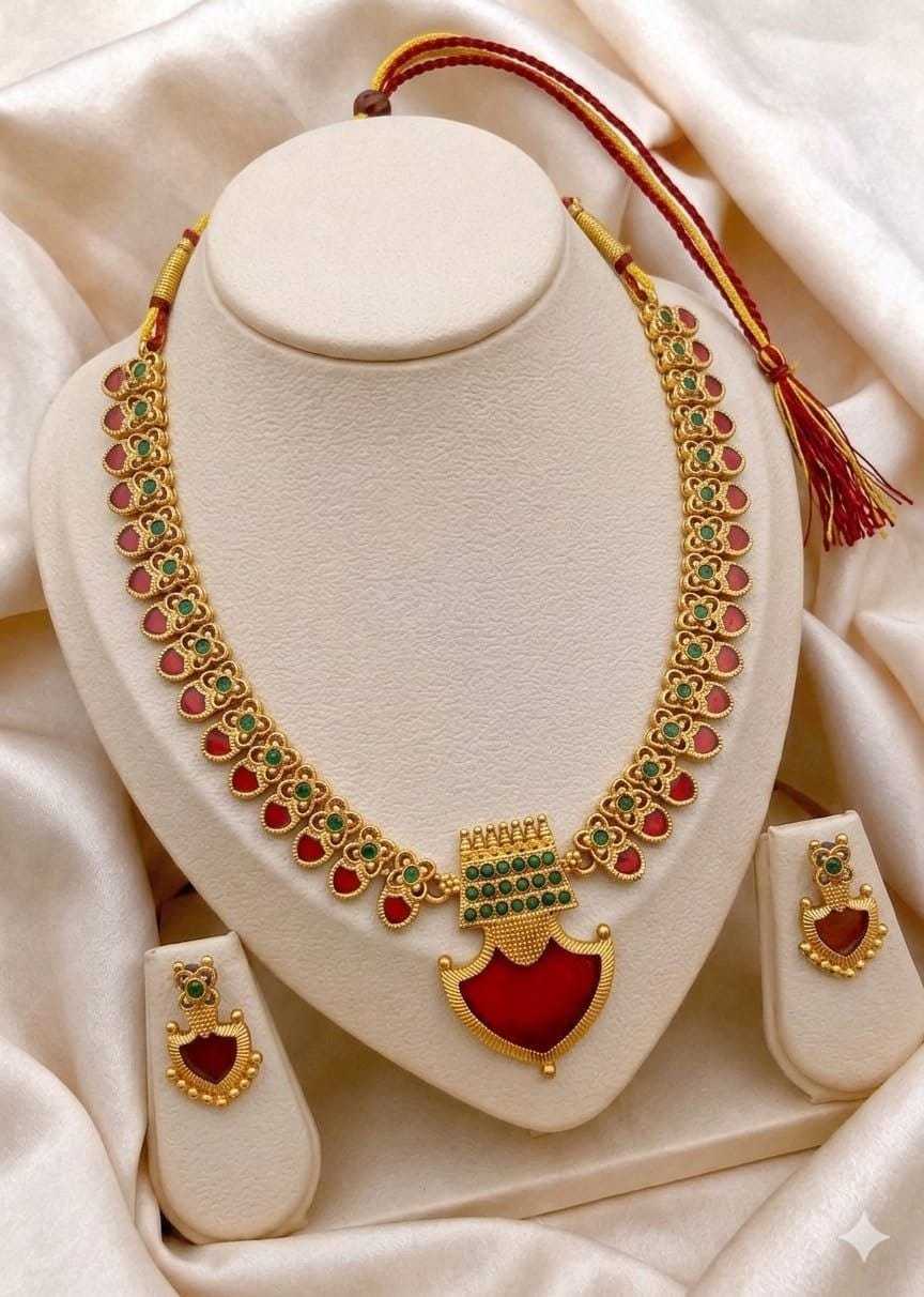 Kerala Palakka Necklace Set with Red and Green Stones