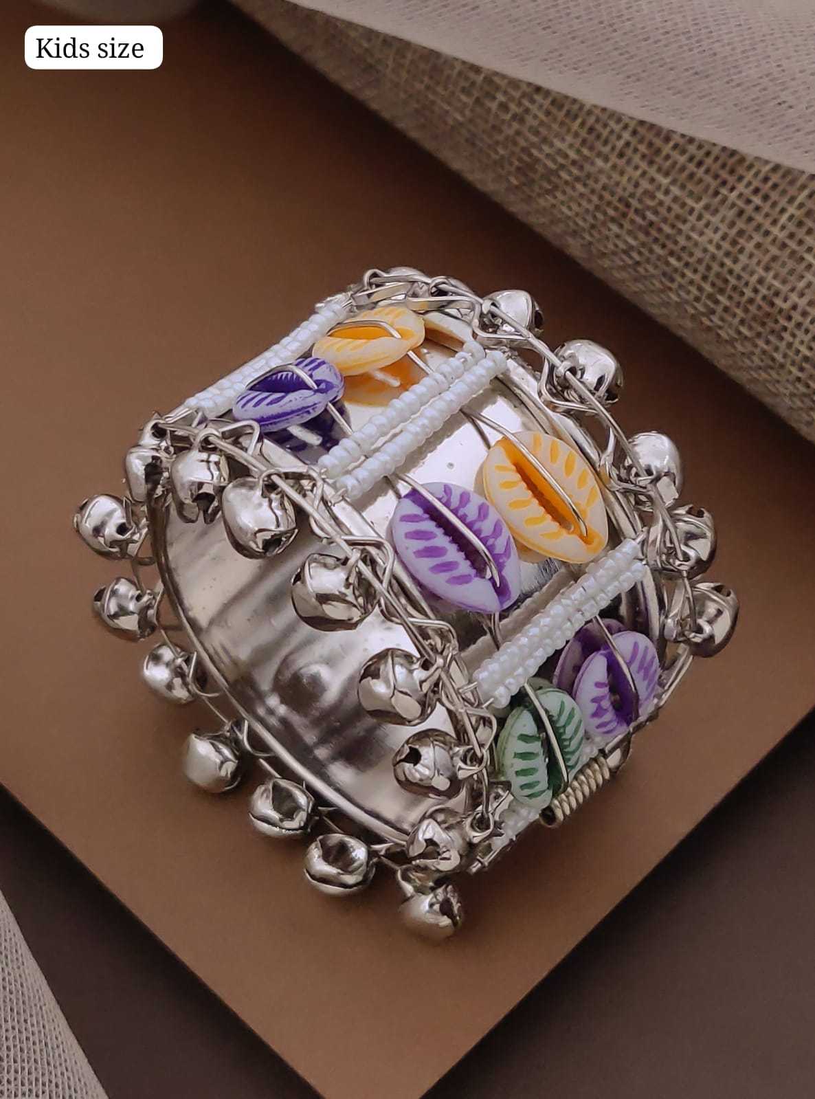 Kids Size Oxidised Cowrie Shell Kada with Ghungroo Bells