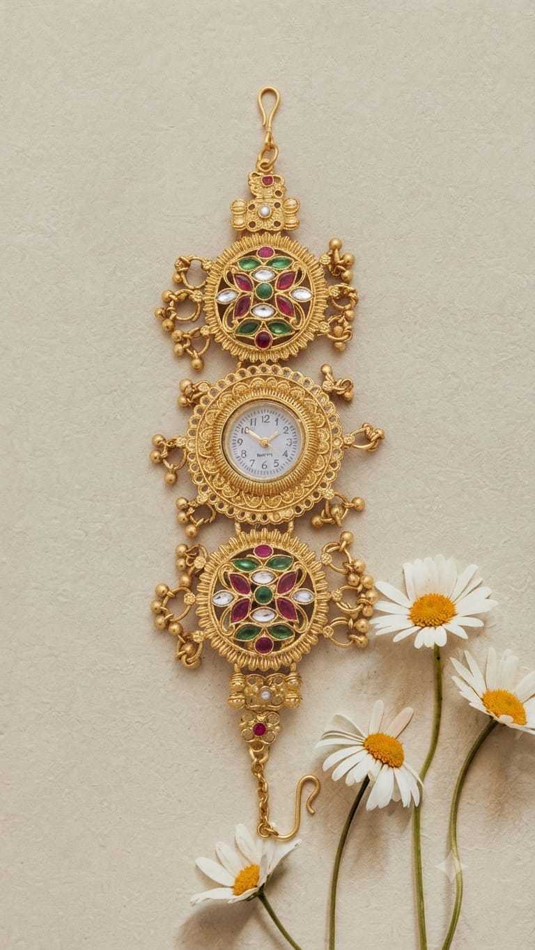 Kundan Flower Medallion Bracelet Watch in Antique Gold
