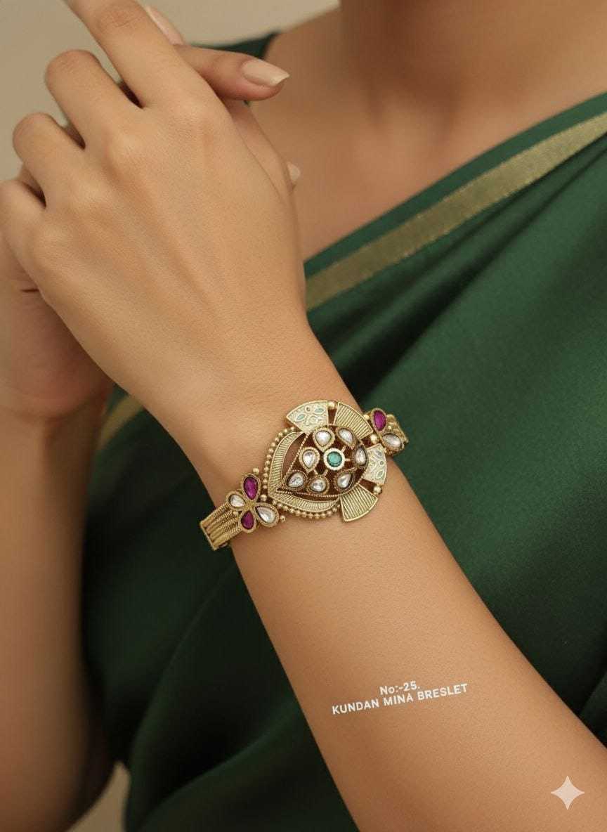 Kundan Meena Bracelet with Textured Gold Band