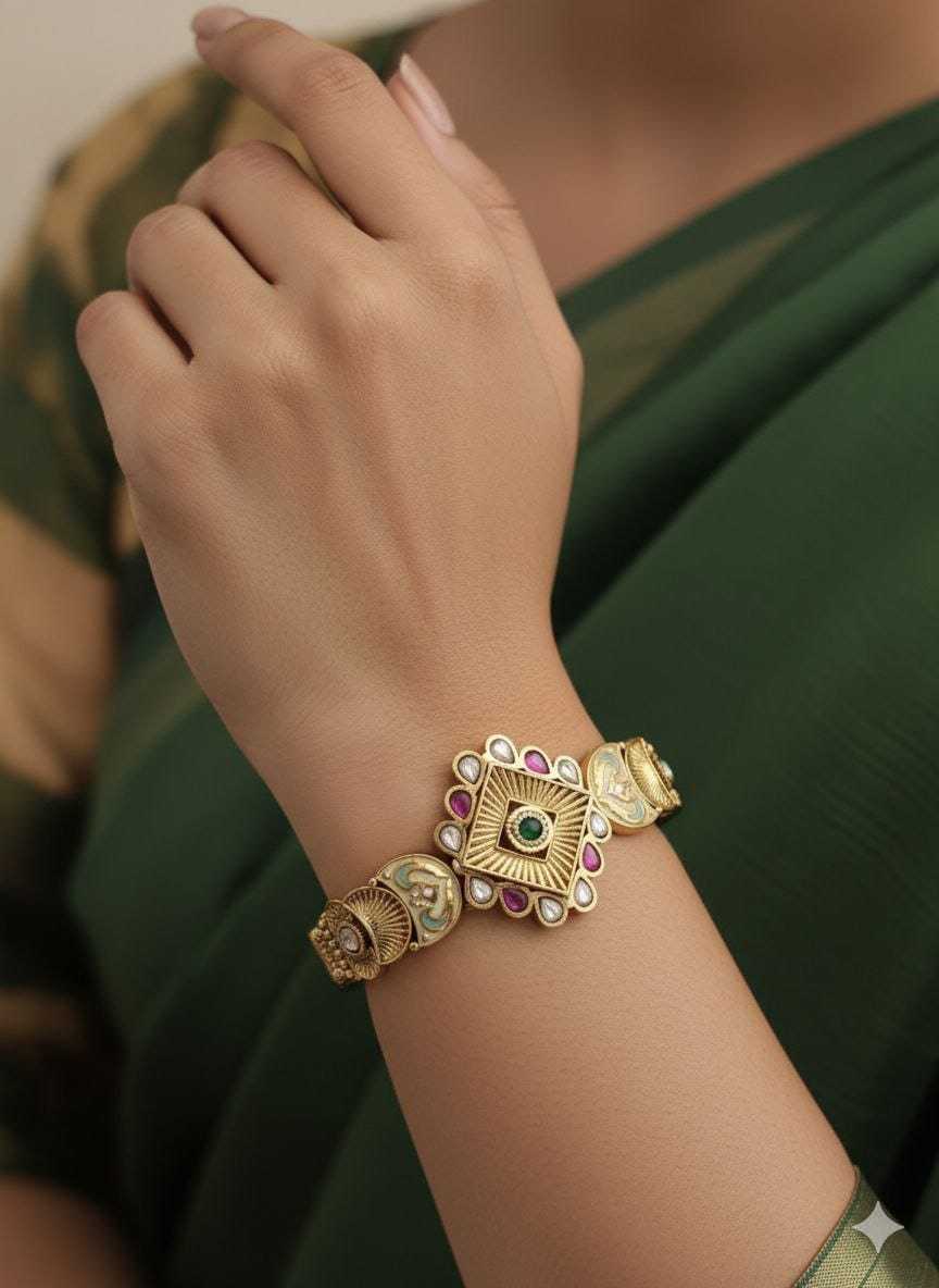 Kundan Meena Bracelet with Textured Gold Band